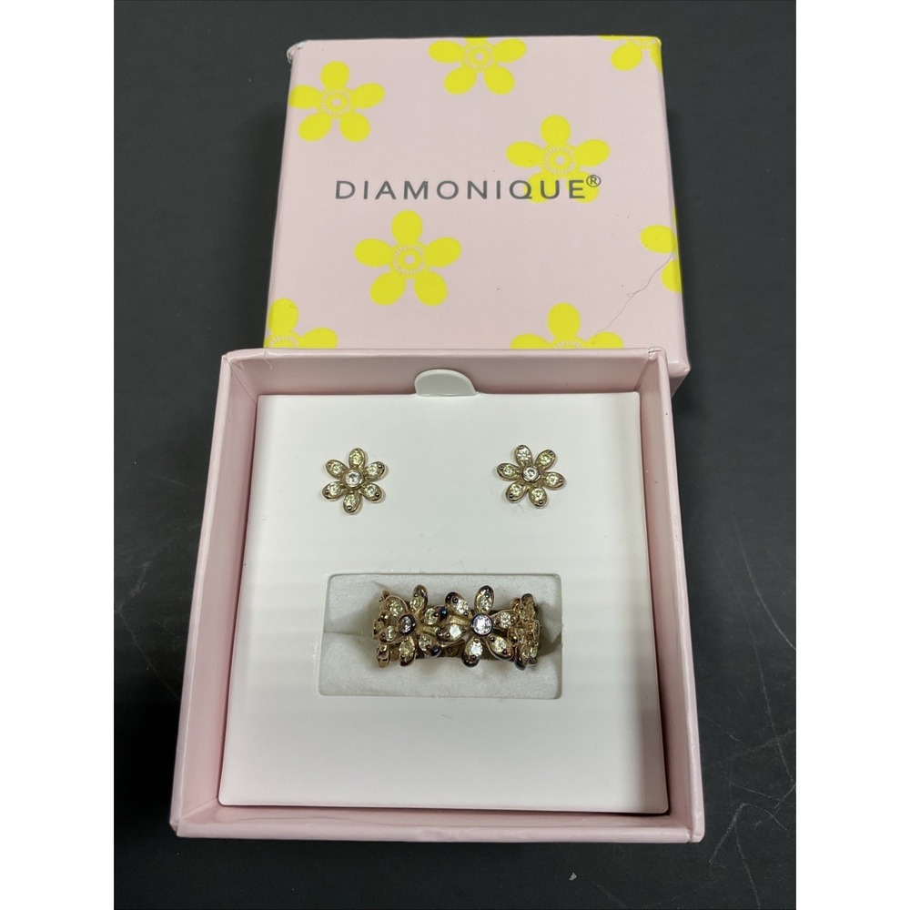Diamonique Sterling Silver CZ Brass Tone 925  Flower  Ring & Earrings Set 6